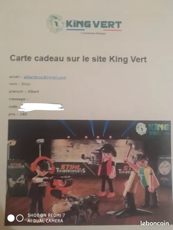 Carte cadeau King Vert d'une valeur de 185€